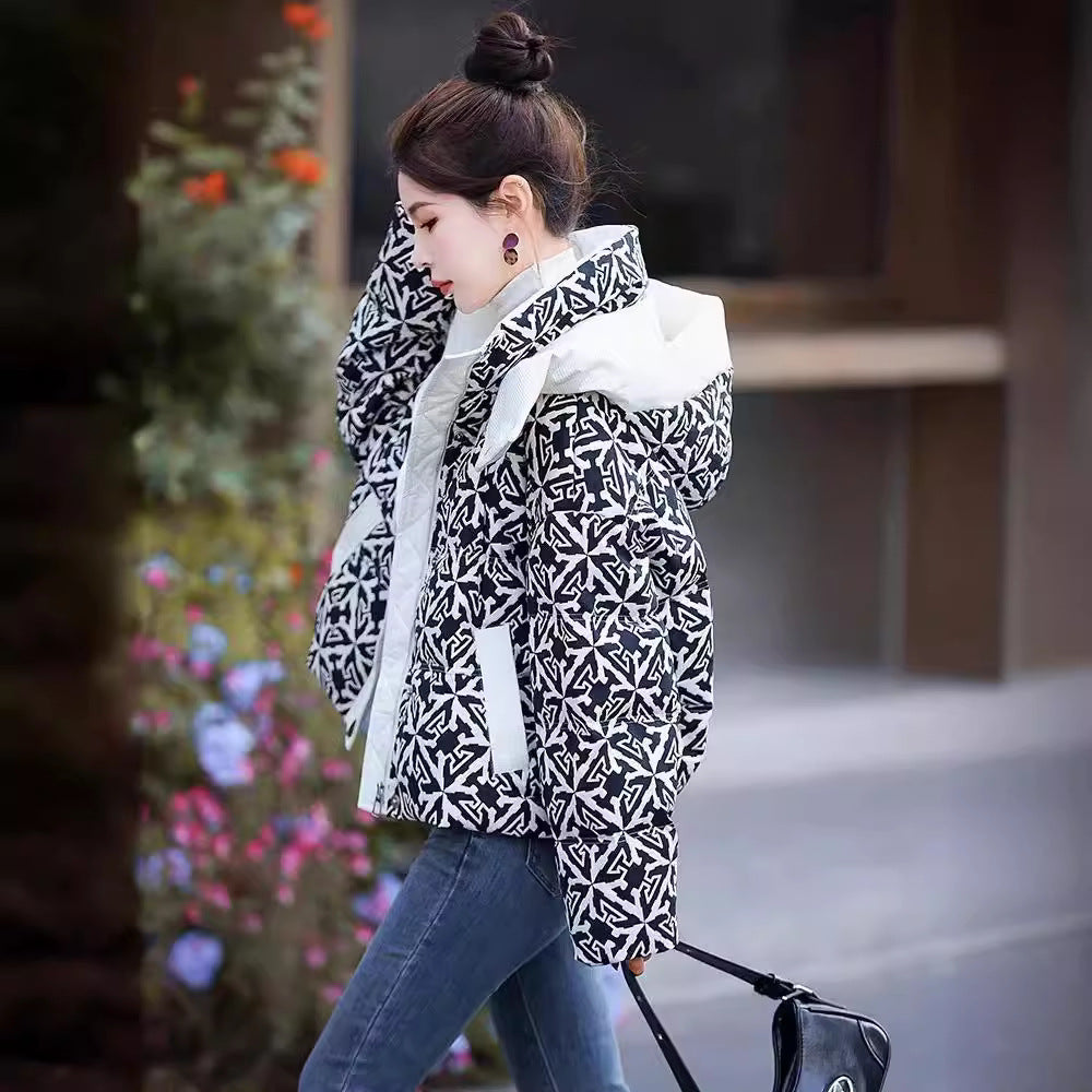 Printed Hooded Down Jacket Women's Short LadyShow.Store