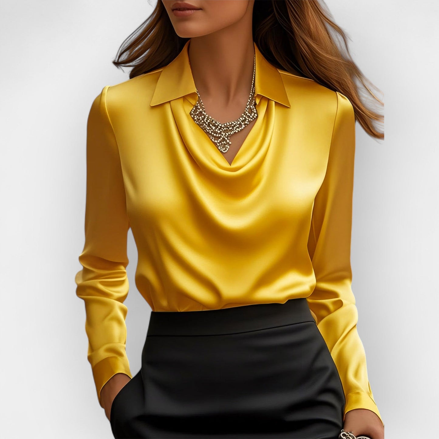 Women's Swing Collar Draped Shirts & Blouses Elegant Solid Satin Office Ladies Top Pullover Spring Long Sleeve Casual Tops LadyShow.Store