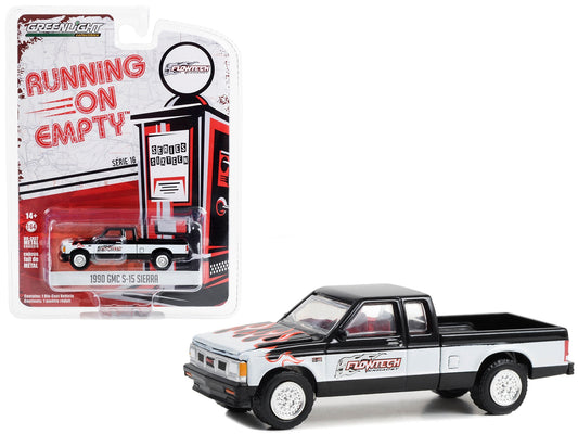 1990 GMC S-15 Sierra Pickup Truck Black and White with Flames "Flowtech Exhaust" "Running on Empty" Series 16 1/64 Diecast Model Car by Greenlight