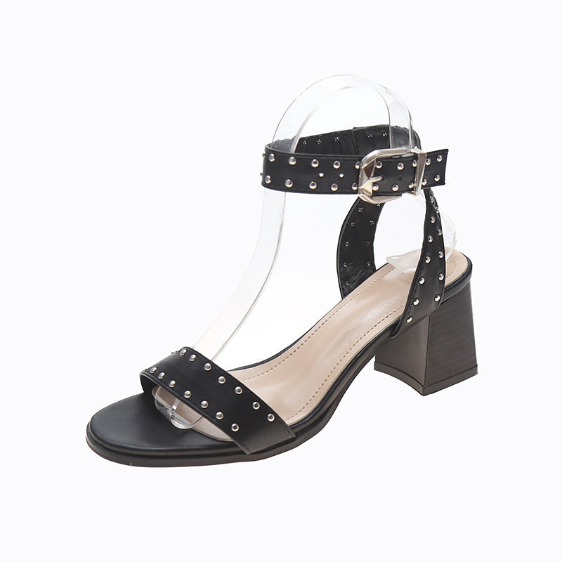 Black Studded Roman Sandals with Thick High Heels Best YouTube Store