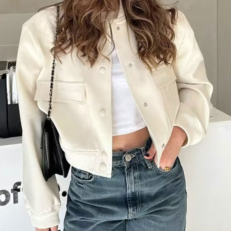 Fashion Button Stand-collar Jacket With Big Pockets Casual Loose Short Outwear Tops Coat For Women Clothing LadyShow.Store