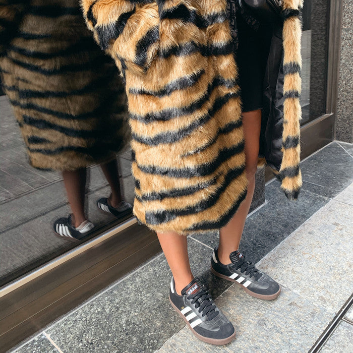 Faux Fur Coat With Tiger Pattern Fur And Long Artificial Hair Accent Plus