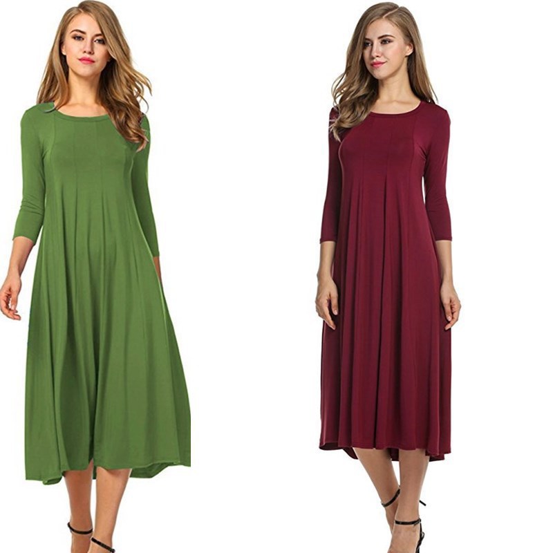 Crew Neck Sleeve Solid Color Swing Dress Best YouTube Store