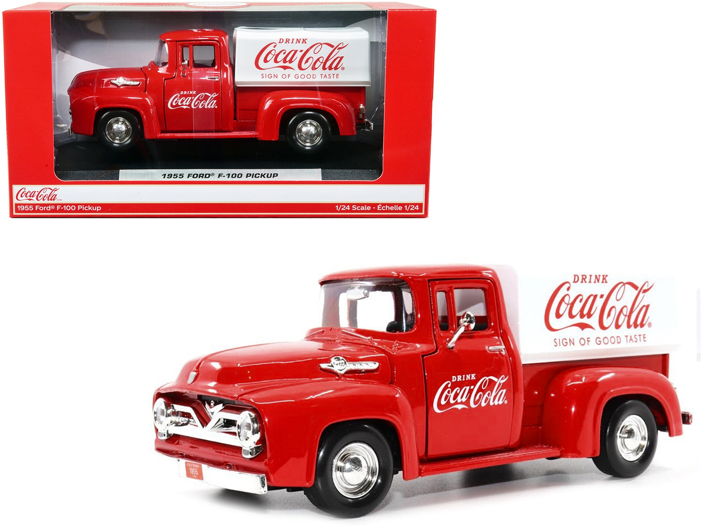 1955 Ford F-100 Pickup Truck Red with White Canopy "Drink Coca-Cola" 1/24 Diecast Model Car by Motor City Classics