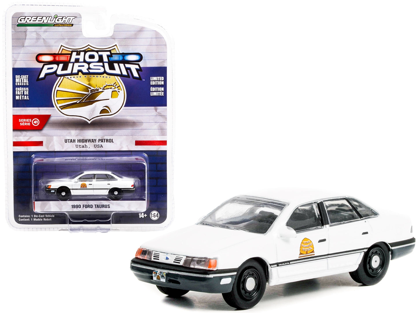 1990 Ford Taurus Police White "Utah Highway Patrol" "Hot Pursuit" Series 41 1/64 Diecast Model Car by Greenlight