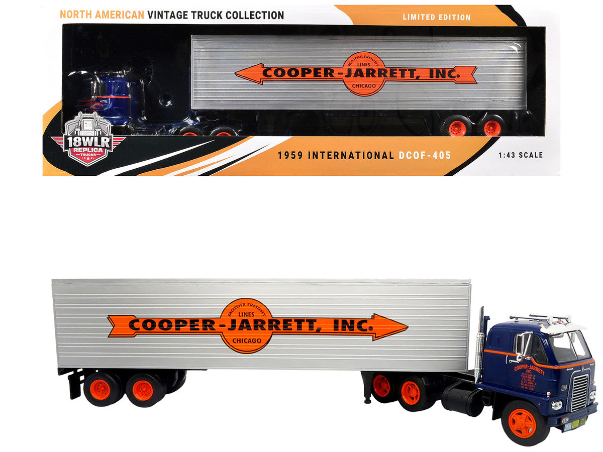 1959 International DCOF-405 Truck with Box Trailer "Cooper Jarrett Inc." Dark Blue with Orange Stripes "North American Vintage Truck Collection" 1/43 Diecast Model by Iconic Replicas Iconic Replicas