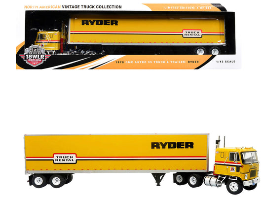 1970 GMC Astro 95 Tractor with Dry Van Trailer "Ryder Truck Rental" Yellow with Stripes "North American Vintage Truck Collection" Limited Edition to 504 pieces Worldwide 1/43 Diecast Model by Iconic Replicas Iconic Replicas