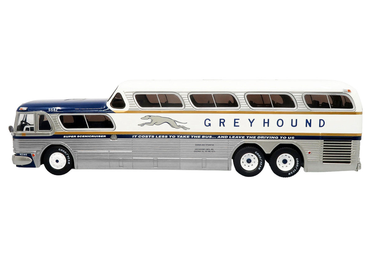GM PD-4501 Scenicruiser Coach Bus "Greyhound Bus Lines - 50th Anniversary" Raw Metal with Blue and White Top and Gold Stripes "The Bus & Motorcoach Collection" 1/43 Plastic Model by Iconic Replicas Iconic Replicas
