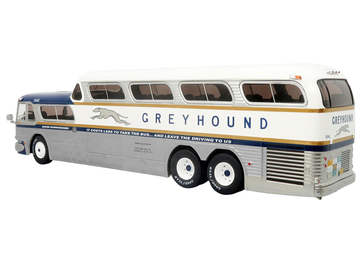 GM PD-4501 Scenicruiser Coach Bus "Greyhound Bus Lines - 50th Anniversary" Raw Metal with Blue and White Top and Gold Stripes "The Bus & Motorcoach Collection" 1/43 Plastic Model by Iconic Replicas Iconic Replicas