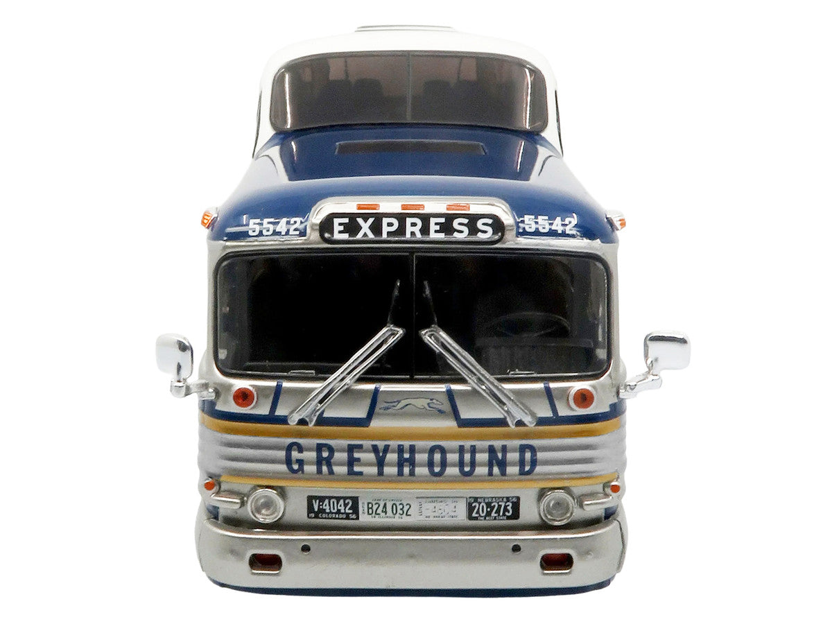 GM PD-4501 Scenicruiser Coach Bus "Greyhound Bus Lines - 50th Anniversary" Raw Metal with Blue and White Top and Gold Stripes "The Bus & Motorcoach Collection" 1/43 Plastic Model by Iconic Replicas Iconic Replicas