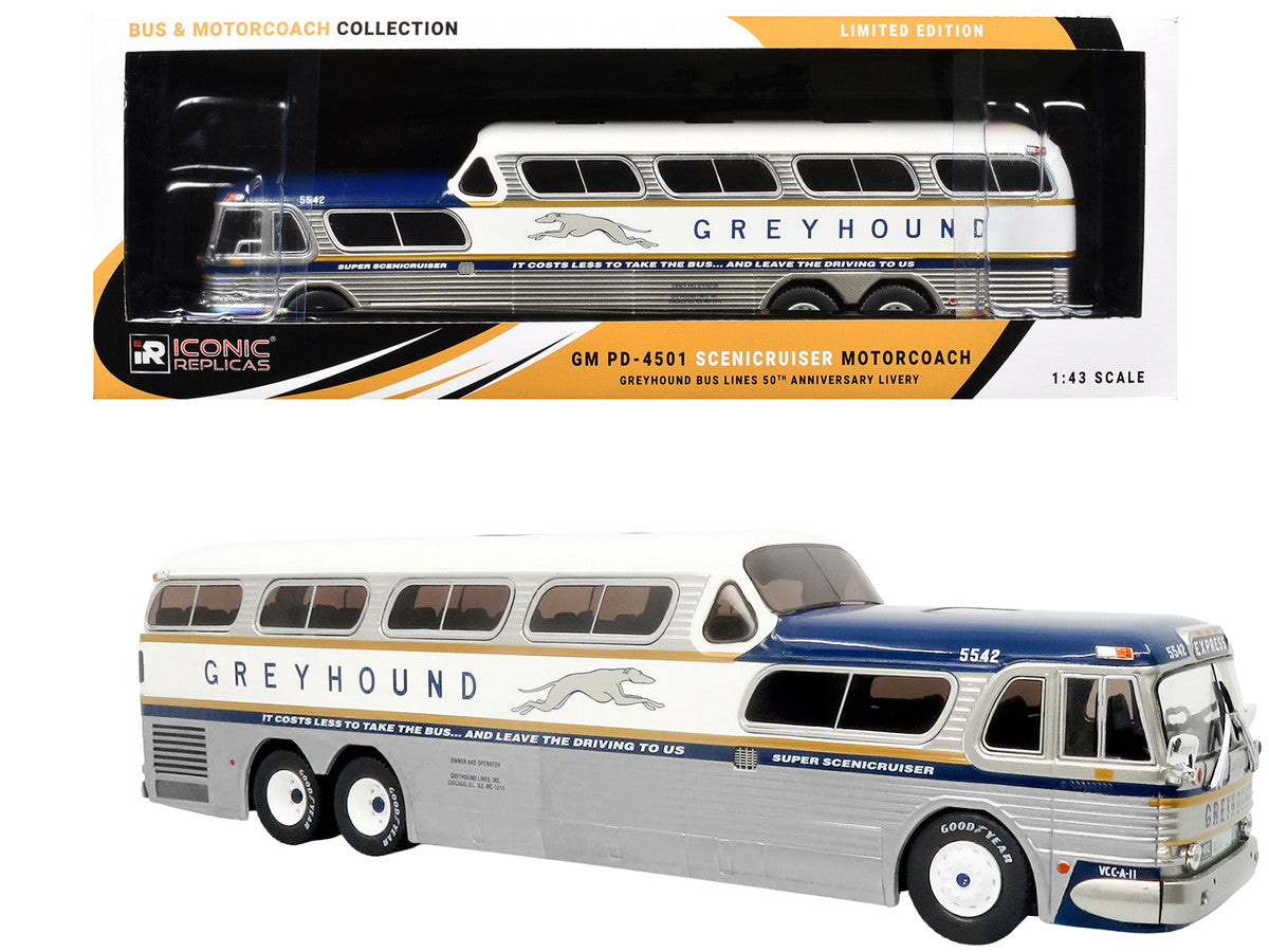 GM PD-4501 Scenicruiser Coach Bus "Greyhound Bus Lines - 50th Anniversary" Raw Metal with Blue and White Top and Gold Stripes "The Bus & Motorcoach Collection" 1/43 Plastic Model by Iconic Replicas Iconic Replicas
