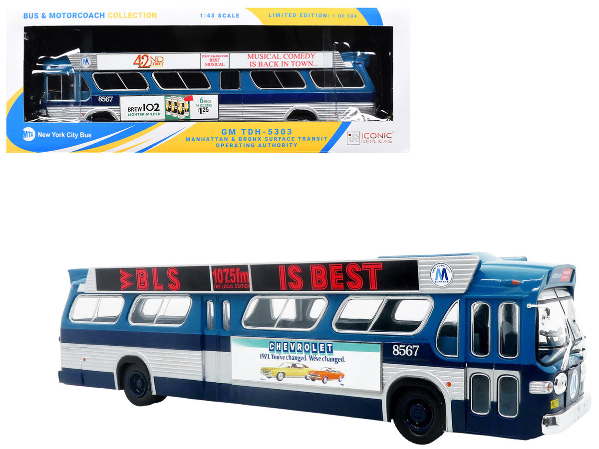 1963 GM TDH-5303 Transit Bus "MTA New York City Surface Transit" Blue Two-Tone with Graphics "The Bus & Motorcoach Collection" Limited Edition to 504 pieces Worldwide  1/43 Plastic Model by Iconic Replicas Iconic Replicas