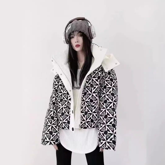 Printed Hooded Down Jacket Women's Short LadyShow.Store