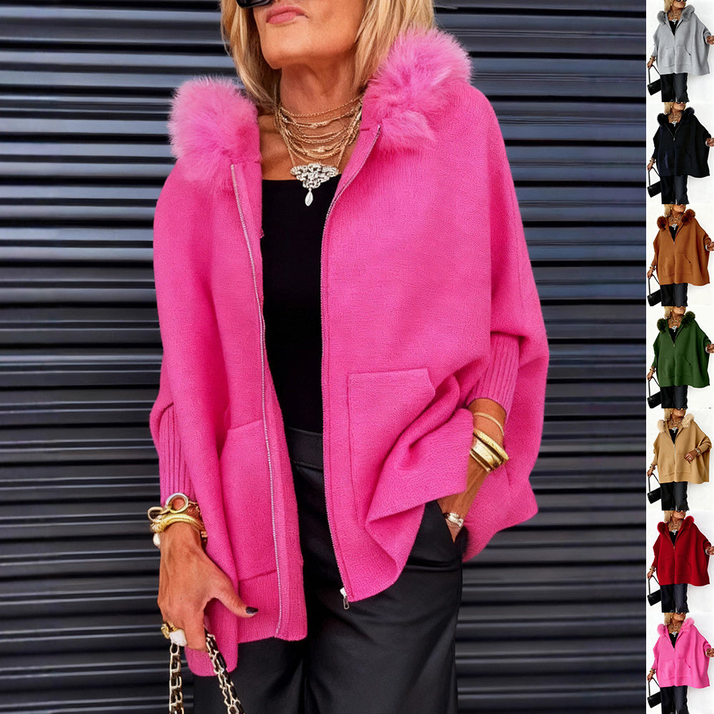 Ins Plush Hooded Cardigan Fashion Warm Pockets Zip-up Knitted Jacket Casual Outerwear Batwing Sleeve Sweater Women's Clothing Best YouTube Store