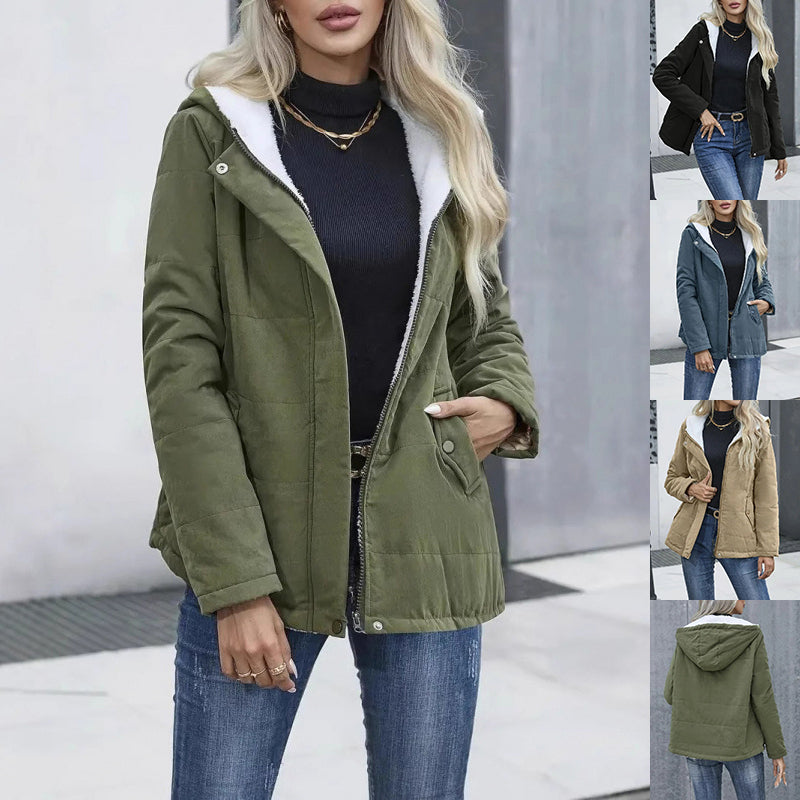 Fleece-lined Hooded Coat Winter Preppy Style Long Sleeve Jacket Warm Pockets Cotton Coat Women's Clothing LadyShow.Store
