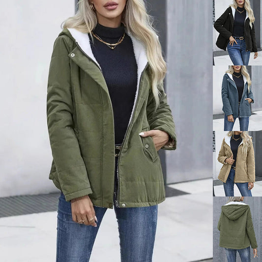 Fleece-lined Hooded Coat Winter Preppy Style Long Sleeve Jacket Warm Pockets Cotton Coat Women's Clothing LadyShow.Store