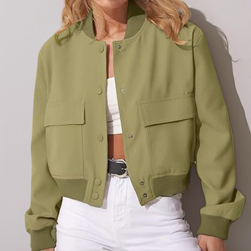 Fashion Button Stand-collar Jacket With Big Pockets Casual Loose Short Outwear Tops Coat For Women Clothing LadyShow.Store