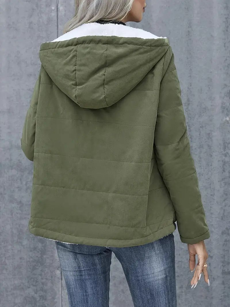Fleece-lined Hooded Coat Winter Preppy Style Long Sleeve Jacket Warm Pockets Cotton Coat Women's Clothing LadyShow.Store