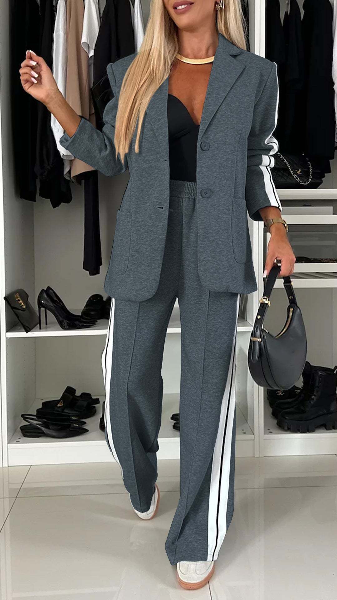 Women's Casual Suit Lapel Single-breasted Jacket And Striped Straight Pants Fashion Sports Trousers Suit Outerwears Clothing LadyShow.Store