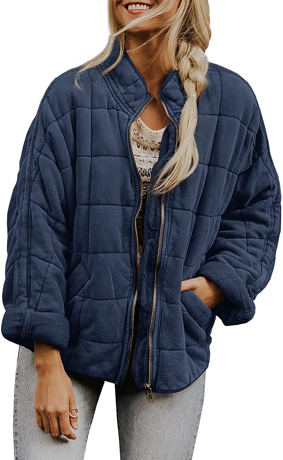 Winter Zip-up Stand Collar Coat With Pockets Fashion Solid Color Plaid Long Sleeved Jacket Women's Clothing LadyShow.Store