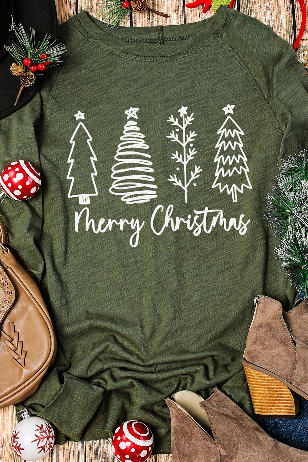 Thea Merry Christmas Trees Thumbhole Sleeve Graphic Tee Threaded Pear