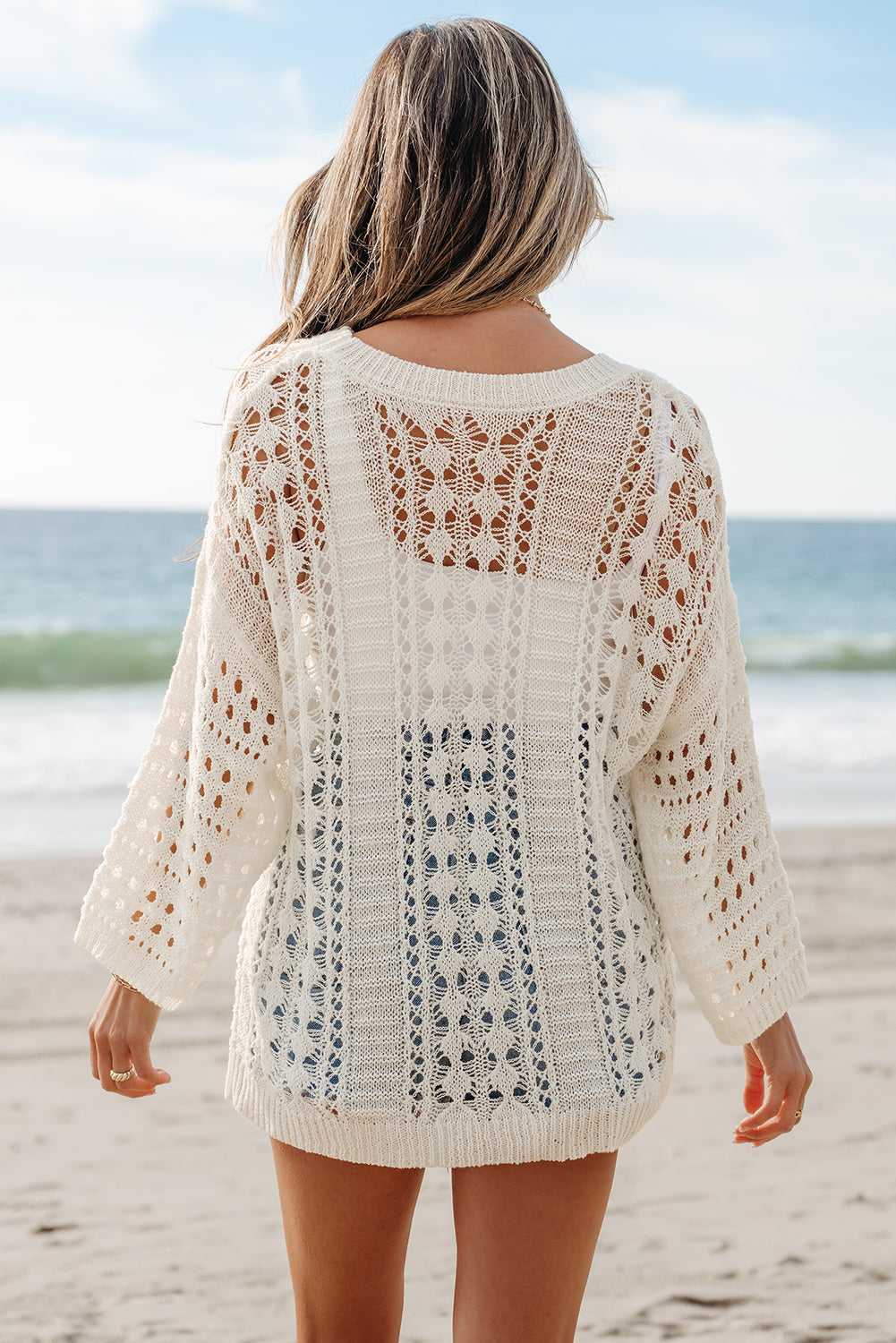 Francesca Hollow Out Knit Bracelet Sleeve Sweater Threaded Pear