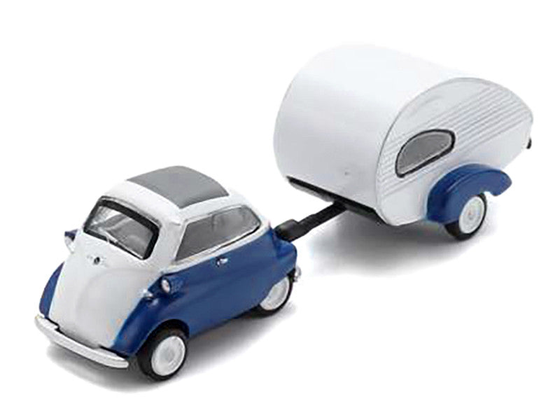 BMW Isetta Blue and White with Home Trailer 1/87 (HO) Diecast Model Car by Schuco-1