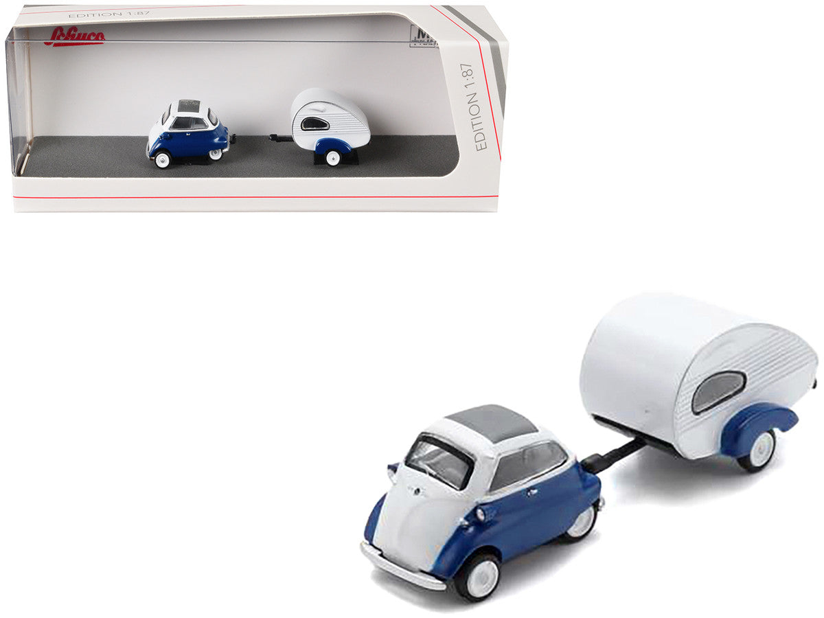 BMW Isetta Blue and White with Home Trailer 1/87 (HO) Diecast Model Car by Schuco-0