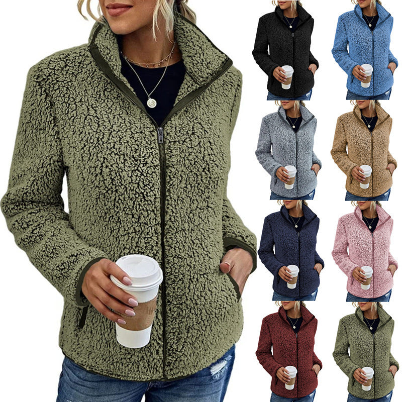 Fall Winter Warm Sweatshirt Stand Collar Solid Color Top Sweater Women's Casual Fashion Long Sleeve Zipper Bubble Velvet Coat Tops Best YouTube Store