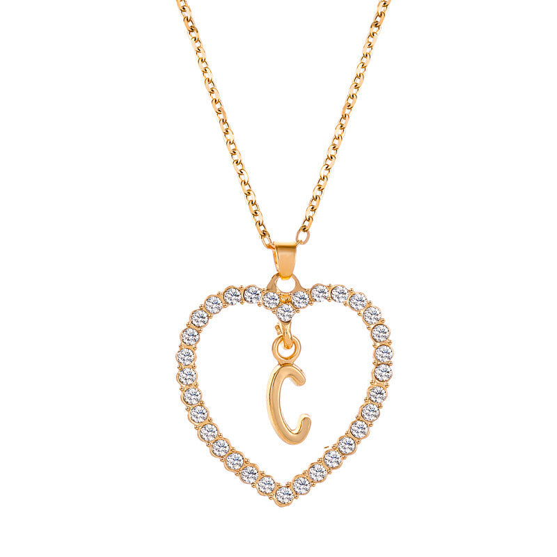 Womens Stylish & Minimalist Diamond-Encrusted 26-Letter Heart Pendant Necklace Best YouTube Store