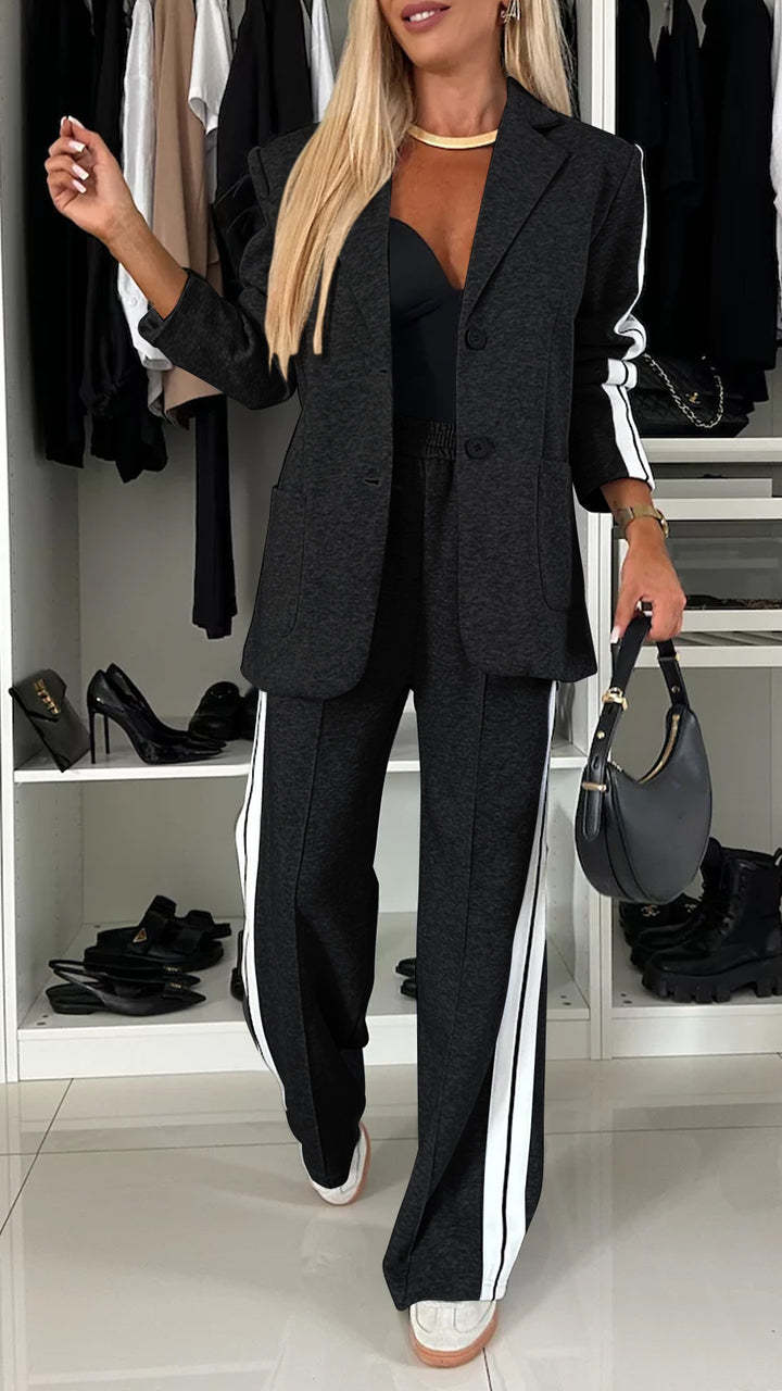 Women's Casual Suit Lapel Single-breasted Jacket And Striped Straight Pants Fashion Sports Trousers Suit Outerwears Clothing LadyShow.Store