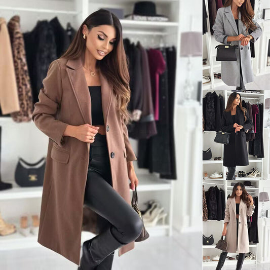 Lapel Single-breasted Wool Coat Winter Long Sleeve Solid Color Long Jacket Women Clothing LadyShow.Store