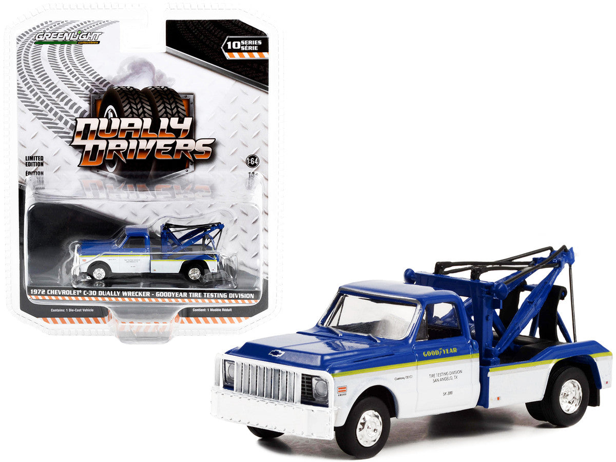 1972 Chevrolet C-30 Dually Wrecker Truck White and Blue with Yellow Stripes "Goodyear Tire Testing Division" "Dually Drivers" Series 10 1/64 Diecast Model Car by Greenlight-0