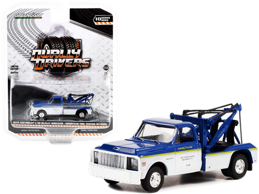 1972 Chevrolet C-30 Dually Wrecker Truck White and Blue with Yellow Stripes "Goodyear Tire Testing Division" "Dually Drivers" Series 10 1/64 Diecast Model Car by Greenlight-0