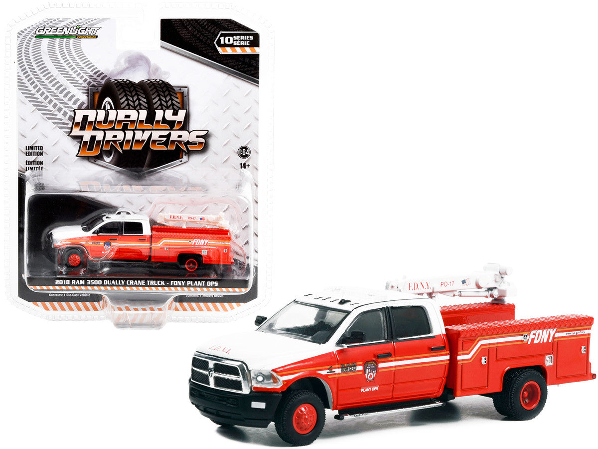 2018 Ram 3500 Dually Crane Truck Red and White with Stripes "FDNY (Fire Department of the City of New York) Plant Ops" "Dually Drivers" Series 10 1/64 Diecast Model Car by Greenlight Greenlight