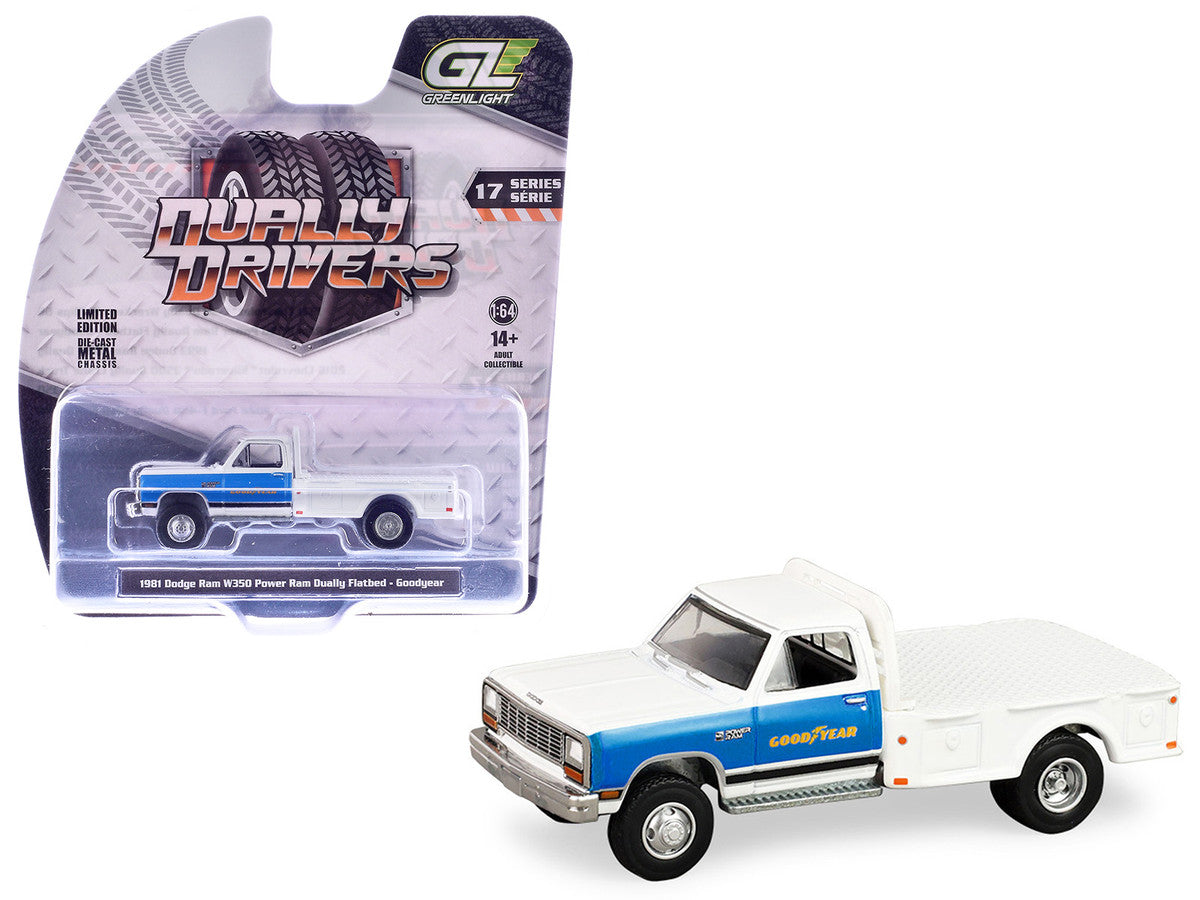 1981 Dodge Ram W350 Power Ram Dually Flatbed Truck "Goodyear" White with Blue Sides "Dually Drivers" Series 17 1/64 Diecast Model Car by Greenlight Greenlight