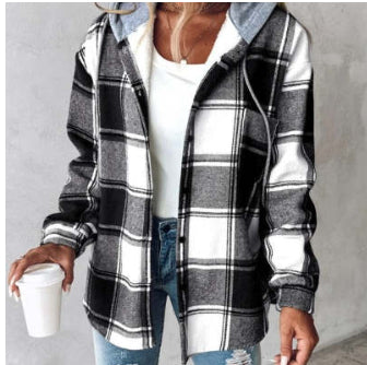 Plaid Hooded Jacket Fashion Casual Button Pocket Coat Autumn And Winter Women's Clothing Accent Plus