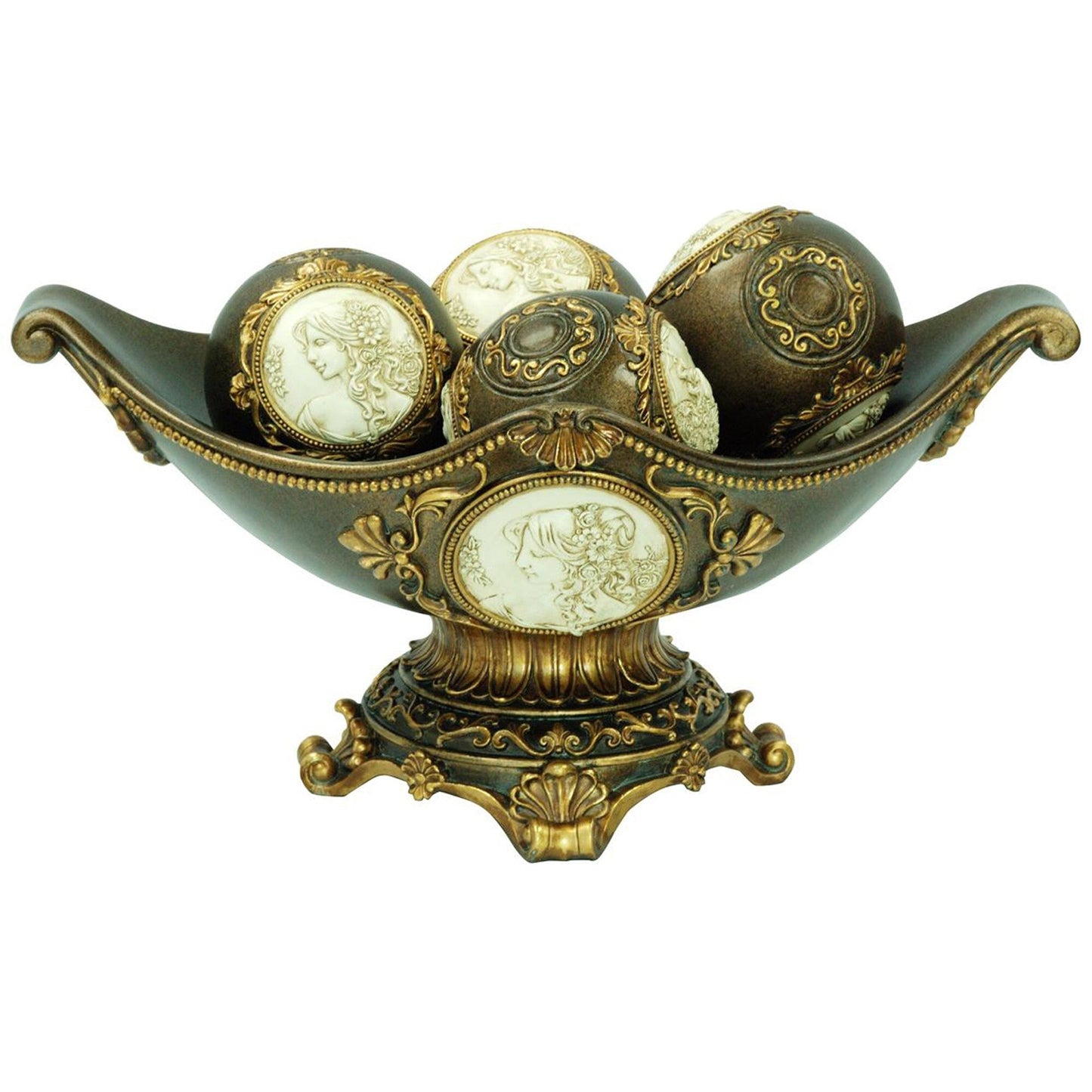 8" Bronze Polyresin Classical Greek Decorative Bowl With Orbs W2B