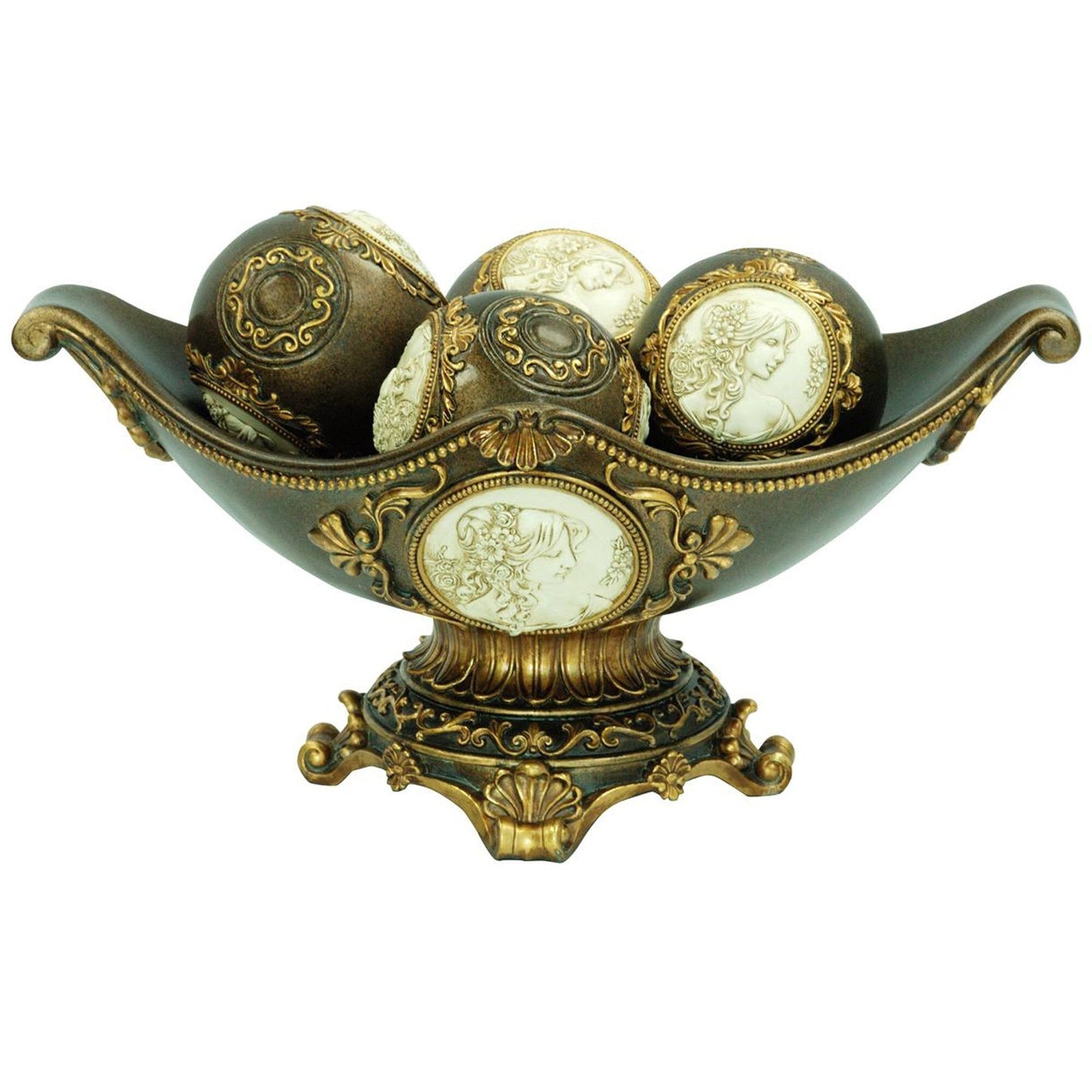 8" Bronze Polyresin Classical Greek Decorative Bowl With Orbs W2B