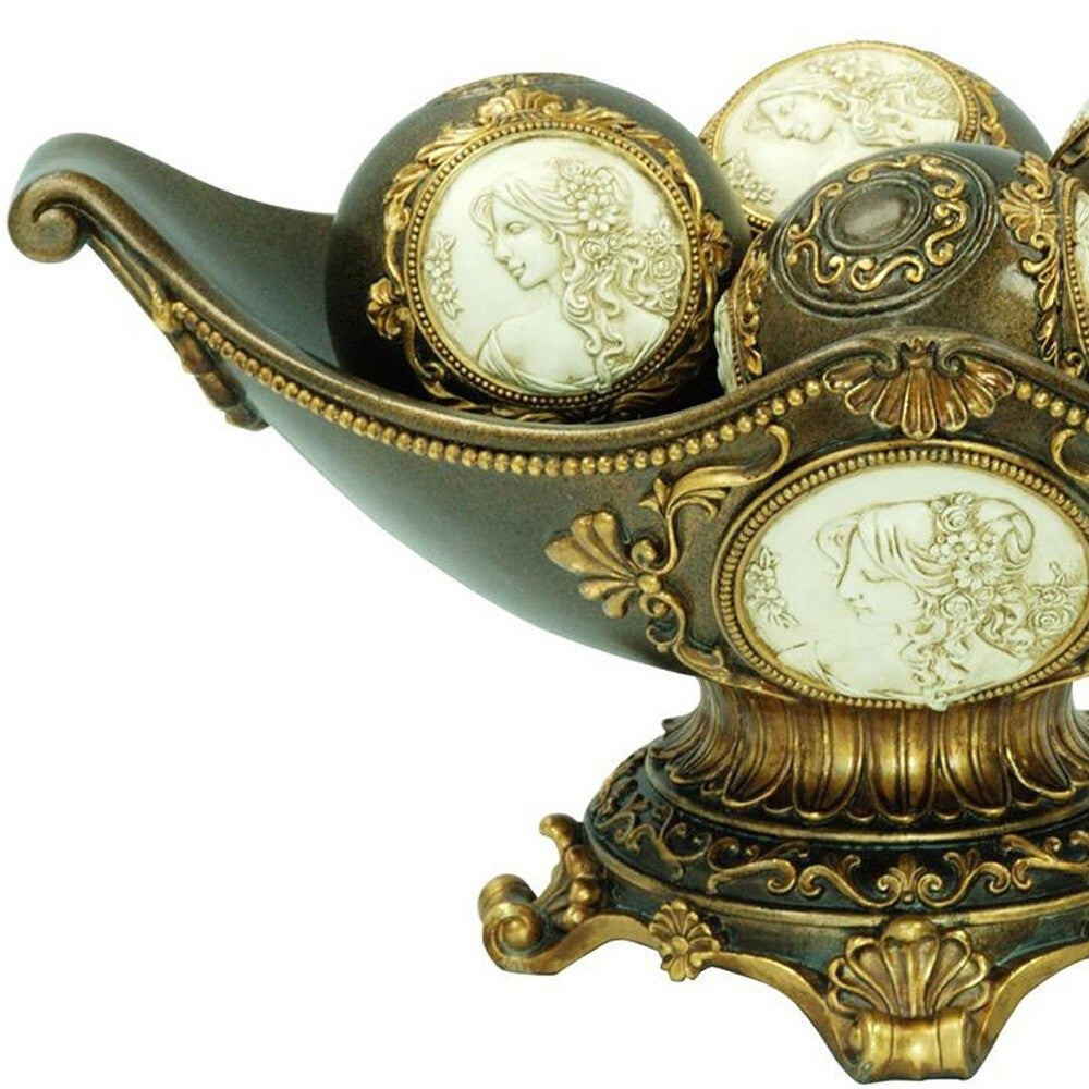 8" Bronze Polyresin Classical Greek Decorative Bowl With Orbs W2B
