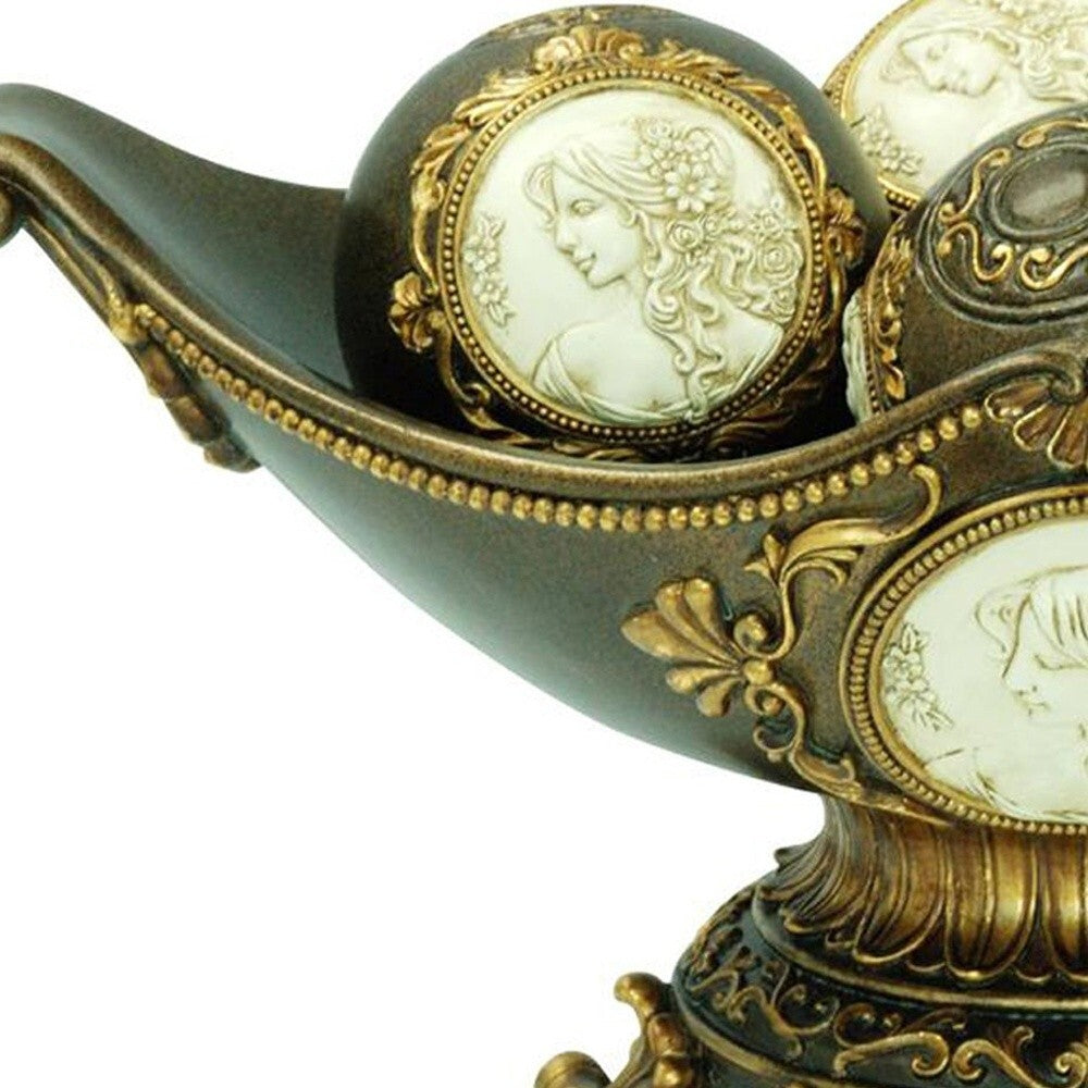 8" Bronze Polyresin Classical Greek Decorative Bowl With Orbs W2B
