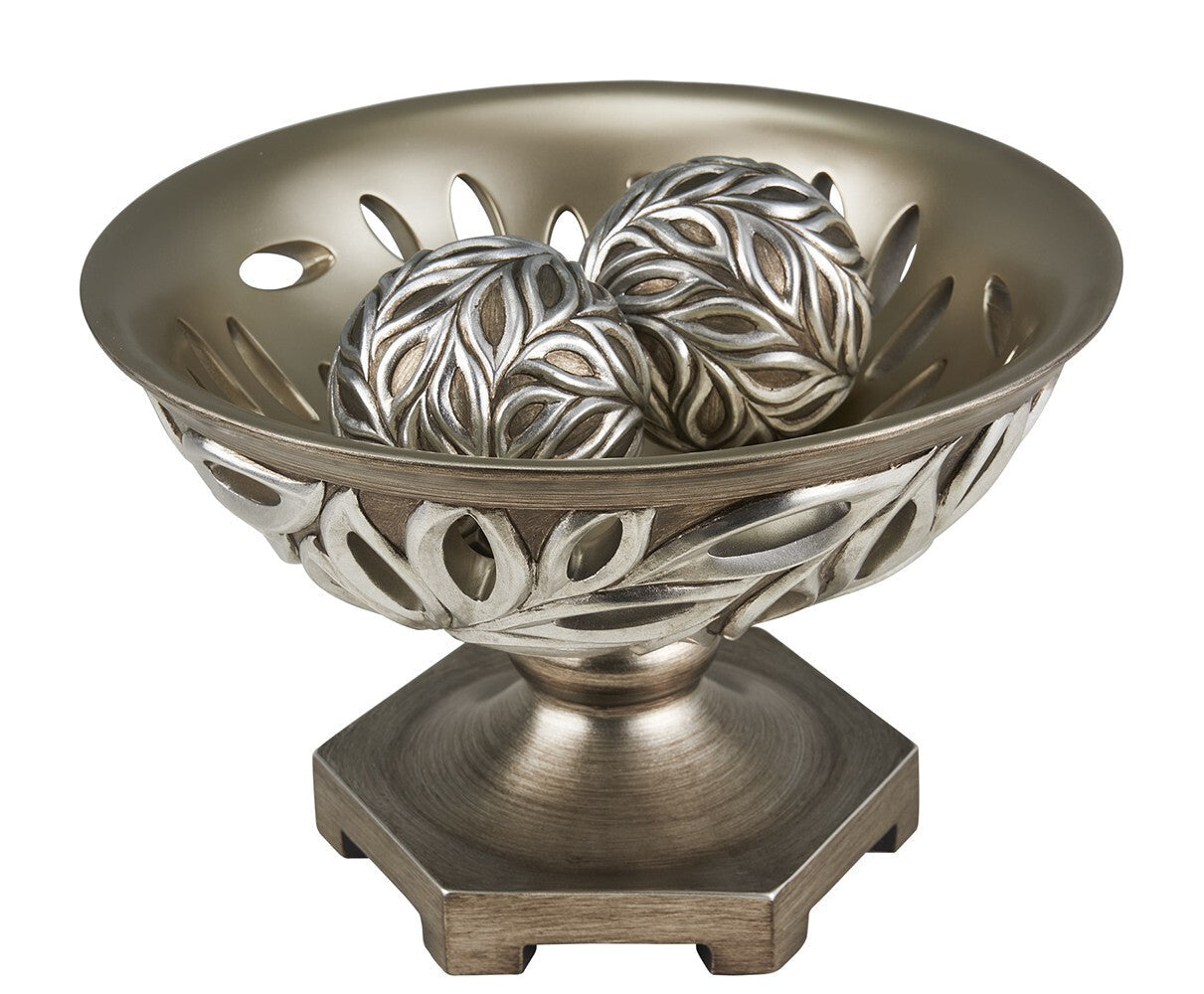 13" Brushed Silver Leaf Polyresin Decorative Pedestal Bowl with Orbs W2B
