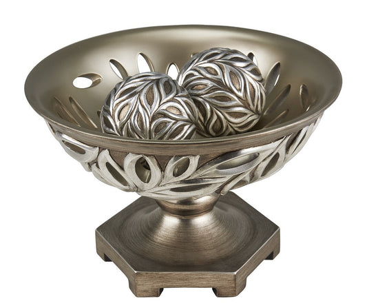 13" Brushed Silver Leaf Polyresin Decorative Pedestal Bowl with Orbs W2B