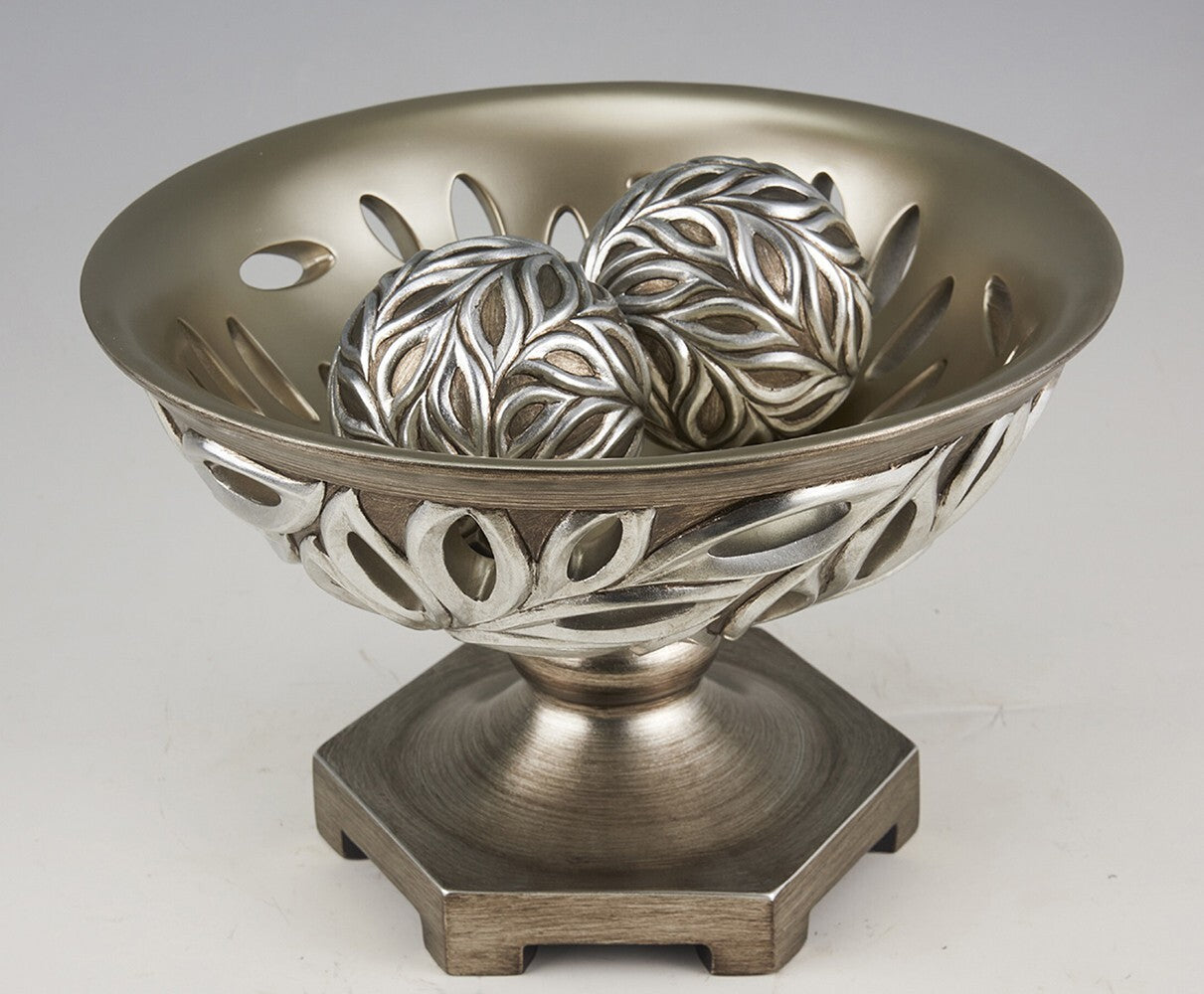 13" Brushed Silver Leaf Polyresin Decorative Pedestal Bowl with Orbs W2B