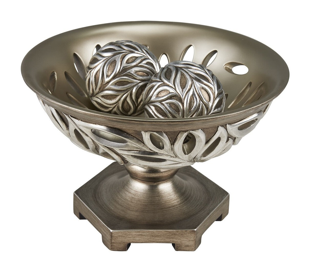 13" Brushed Silver Leaf Polyresin Decorative Pedestal Bowl with Orbs W2B