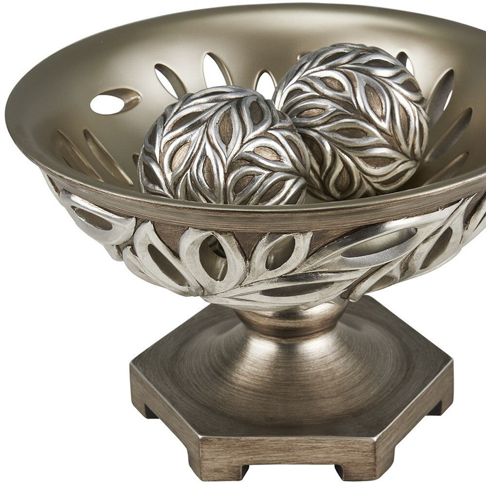 13" Brushed Silver Leaf Polyresin Decorative Pedestal Bowl with Orbs W2B