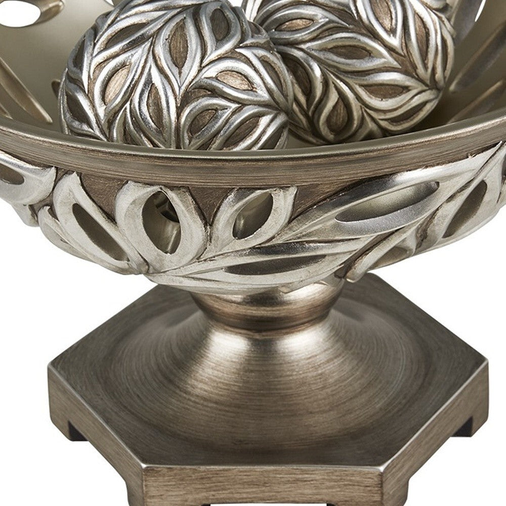 13" Brushed Silver Leaf Polyresin Decorative Pedestal Bowl with Orbs W2B