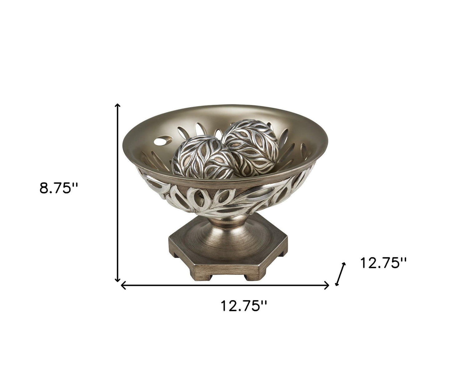 13" Brushed Silver Leaf Polyresin Decorative Pedestal Bowl with Orbs W2B