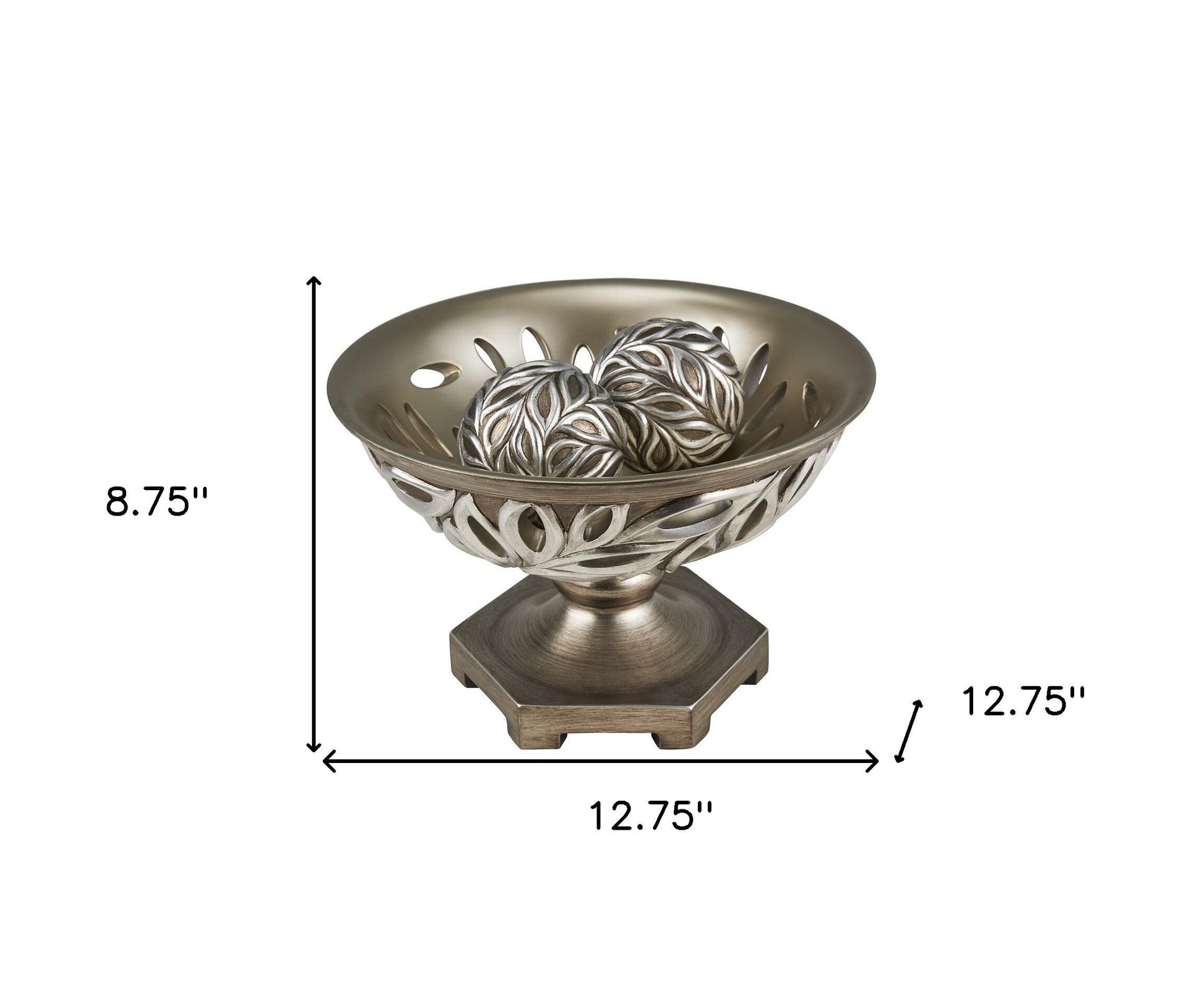 13" Brushed Silver Leaf Polyresin Decorative Pedestal Bowl with Orbs W2B