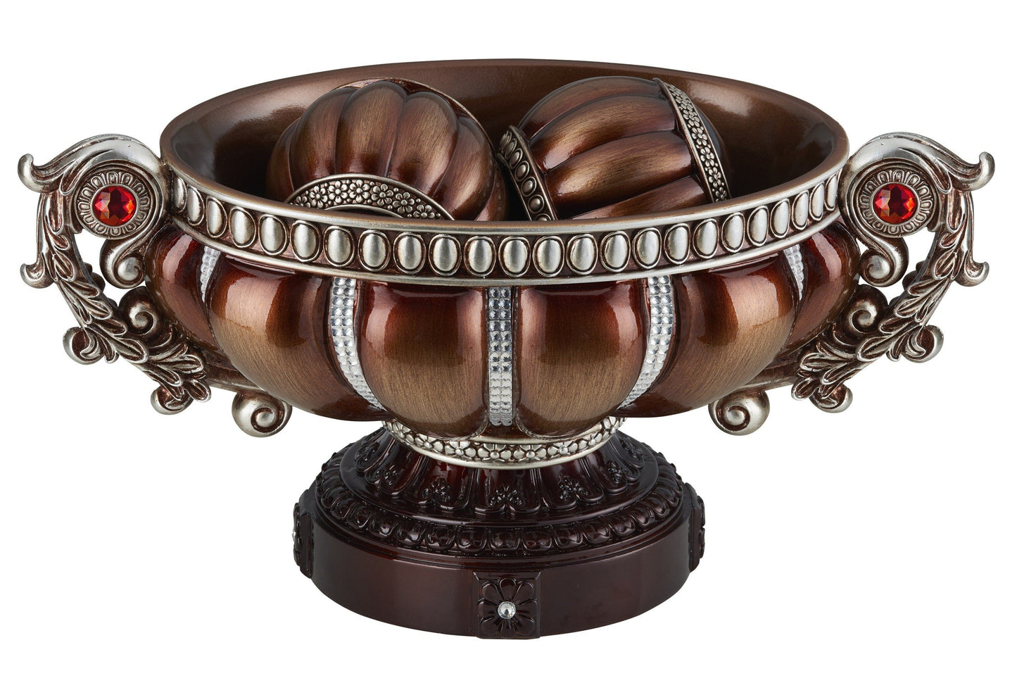9" Reddish Bronze And Silver Polyresin Decorative Bowl With Orbs W2B